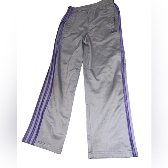 Adidas Girls work out athletic lounge pants grey gray with purple stripe 6X. - Picture 2 of 12